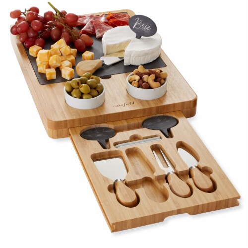 Bamboo Cheese Board Gift Set with Slate Tray, 4 Knives, 2 Dip Bowls Perspective: front