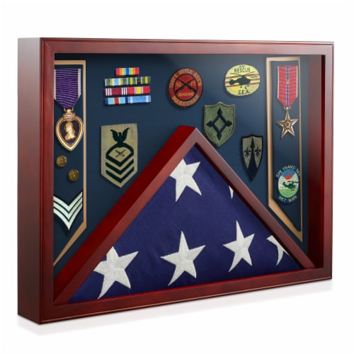 HBCY Creations Flag Display Case For 5' X 9.5' American Veteran Burial Flag - Solid Wood Whitewashed Frame With Glass Front - Wall Mount Or Standing