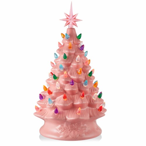 15 Hand Painted Ceramic Christmas Tree Pink Pre Lit Tree with Star 15 H x 9 W x 7 D Harris Teeter
