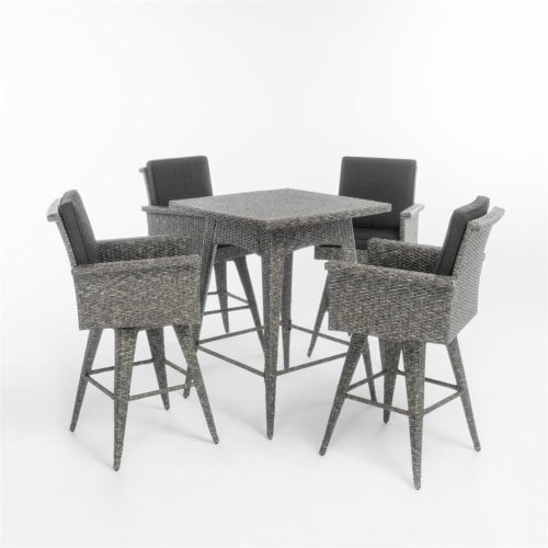 Noble House Puerta Outdoor Mixed Black Wicker 5pc Dining Bar Set Perspective: front