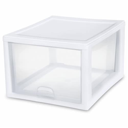 Sterilite 27 Quart Clear & White Plastic Storage Bin with One Drawer, 12 Pack Perspective: front