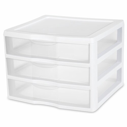 Sterilite Clear Plastic Stackable Small 3 Drawer Storage System, White, (6 Pack) Perspective: front