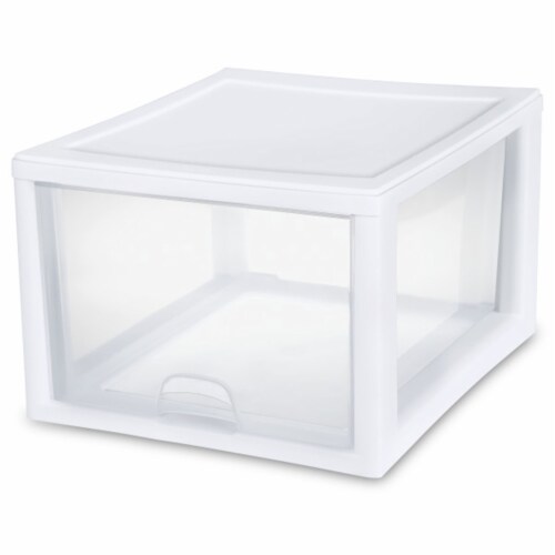 Sterilite 27 Quart Clear & White Plastic Storage Bin with One Drawer, 16 Pack Perspective: front