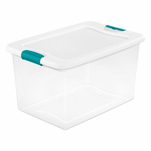 Sterilite 64 Qt Clear Plastic Stackable Storage Bin w/ White Latch Lid, 60 Pack Perspective: front