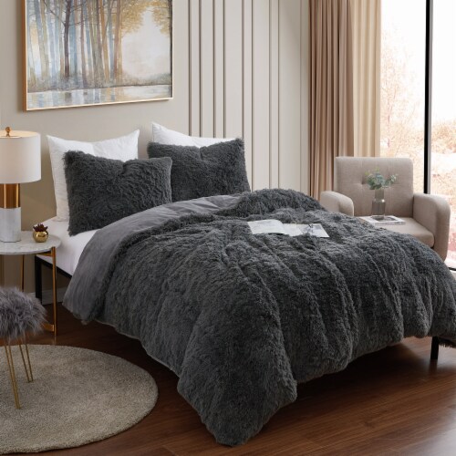 Sweet Home Collection 3 Piece Plush Shaggy Faux Fur Comforter Set Queen Dark Gray Queen Foods Co