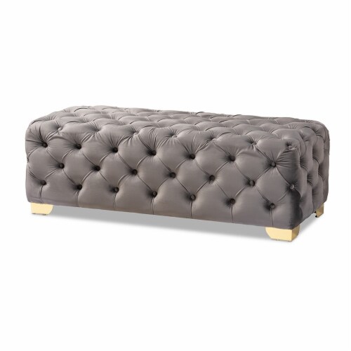 Baxton Studio Avara Modern Tufted Velvet Ottoman in Gray and Gold Perspective: front