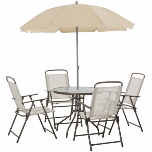 6 Piece Patio Dining Set with Umbrella 4 Folding Chairs Glass
