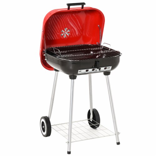 Portable Charcoal Grill w/ Wheels Bottom Shelf Adjustable Vents Picnic Camping Perspective: front