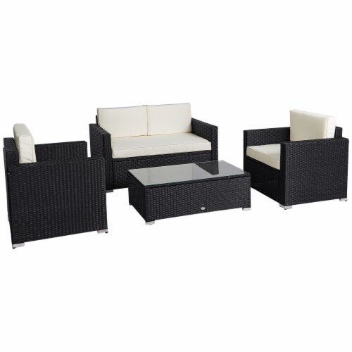 Outside Rattan Wicker Chair Loveseat Set for Patio w/ Glass Coffee Table, Black Perspective: front