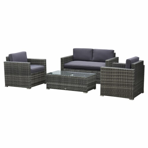 Outside Rattan Wicker Chair Loveseat Set for Patio w/ Glass Coffee Table, Grey Perspective: front