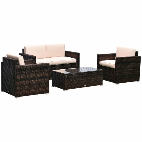 Outside Rattan Wicker Chair Loveseat Set for Patio w/ Glass Coffee Table, Brown Perspective: front