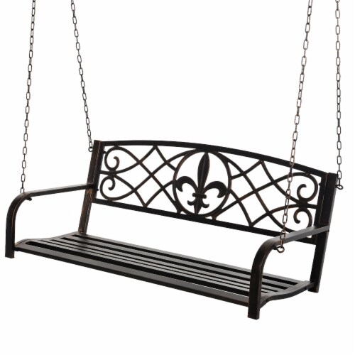 Metal Porch Swing Chair Hanging Bench Chair Fleur-De-Lis Design Yard Deck Perspective: front
