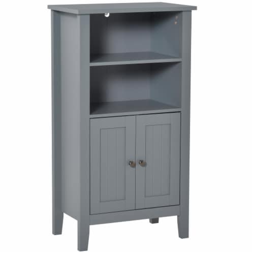 Freestanding Bathroom Linen Floor Cupboard with Multi-Tier Shelving and Tabletop Perspective: front