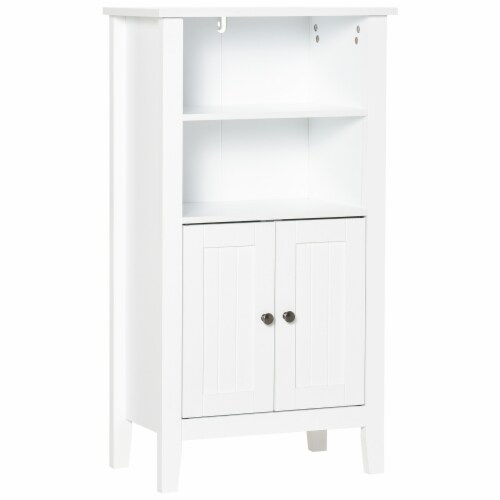Freestanding Bathroom Linen Floor Cupboard with Multi-Tier Shelving and Tabletop Perspective: front