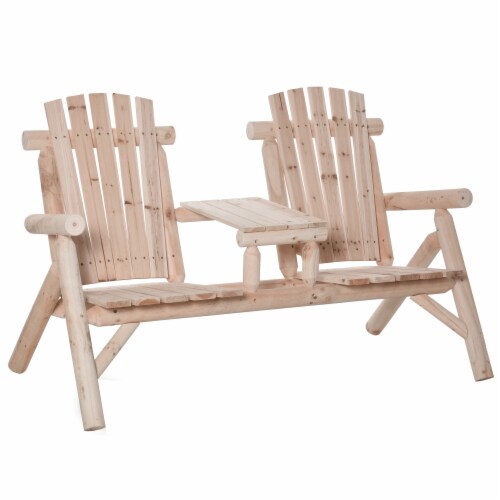 Outdoor Patio Adirondack Double Bench w/ Center Table, Natural Perspective: front