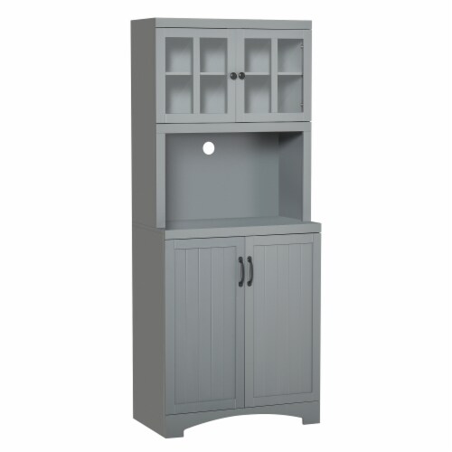 Freestanding Kitchen Storage Cupboard with Framed Glass Doors & Open Countertop Perspective: front