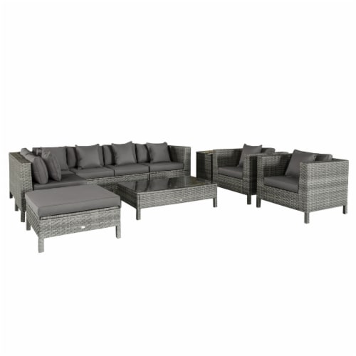 Outside Sitting & Conversation Sofa Set w/ Thick Sofa Cushions & Tea Table, Grey Perspective: front