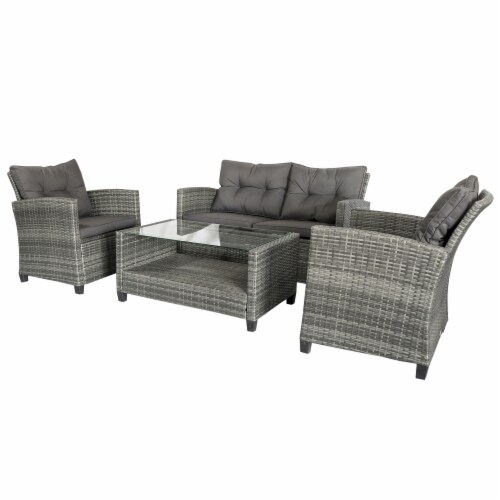 4-pc Outside Deck & Balcony Wicker Furniture Set w/ Seating & Coffee Table Grey Perspective: front