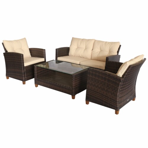 4-pc Outside Deck & Balcony Wicker Furniture Set w/ Seating & Coffee Table Beige Perspective: front