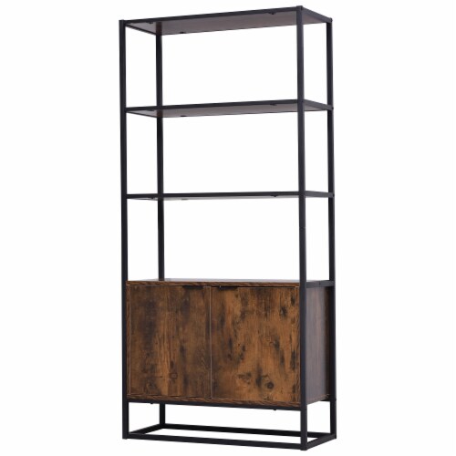 Tall Wooden Rustic 3 Tier Open Space Shelving with Bottom Hutch