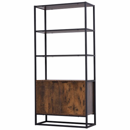 Tall Wooden Rustic 3-Tier Open Space Shelving with Bottom Hutch