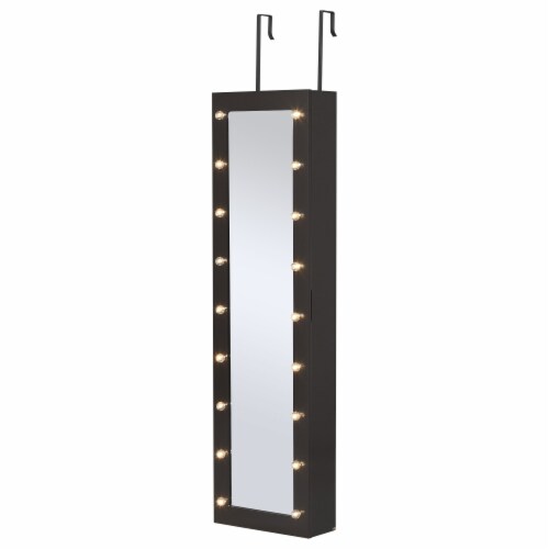 Mirrored Jewelry Cabinet Armoire Storage Organizer w/ 18 LED Lights Walnut Perspective: front