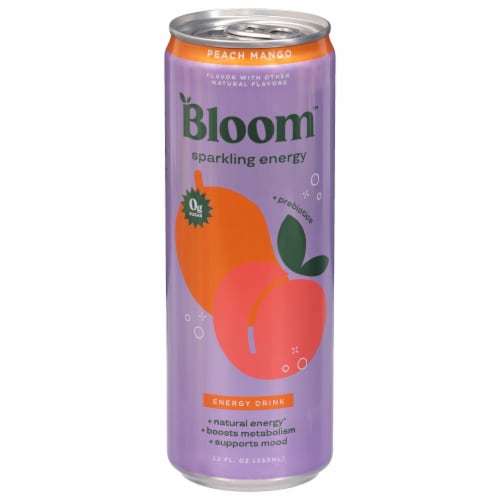 Bloom Peach Mango + Prebiotics Sparkling Energy Drink Can Perspective: front