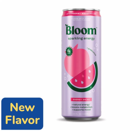 Bloom Strawberry Watermelon + Prebiotics Sparkling Energy Drink Can Perspective: front