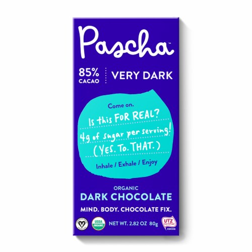 Pascha™ Organic 85% Cacao Dark Chocolate Bar Perspective: front