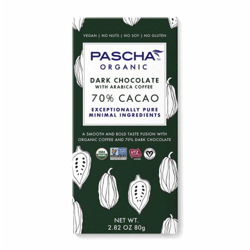 Pascha Organic 70% Cacao Dark Chocolate Bar Perspective: front