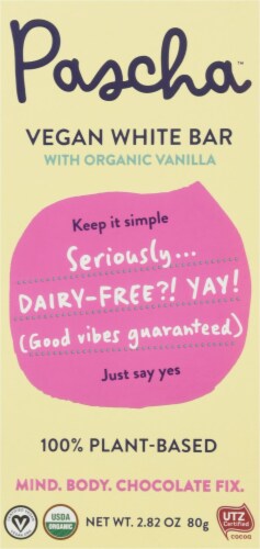 Pascha Organic Vegan White Chocolate Bar Perspective: front