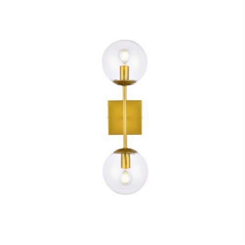Neri 2 lights brass and clear glass wall sconce Perspective: front