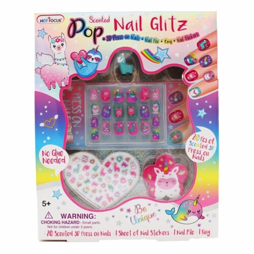 Scented Nail Glitz Llama - 20 Scented 3D Press on Nails, Matching Ring, 40+ Nail Stickers Perspective: front