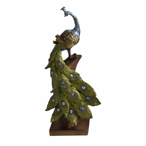 Benzara Polystone Decorative Peacock Figurine - Green/Gold Perspective: front