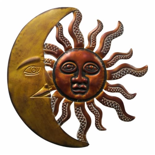 Benzara Celestial Sun and Moon Metal Wall Art Decor - Gold and Rust Brown Perspective: front
