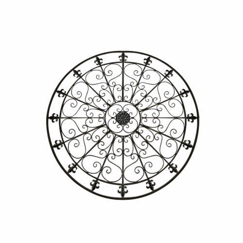 Benzara Metal Medallion Round Wall Decor with Swirls - Black Perspective: front