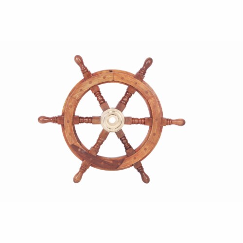 Teak Wood Ship Wheel With Brass Inset and Six Spokes - Brown and Gold Perspective: front
