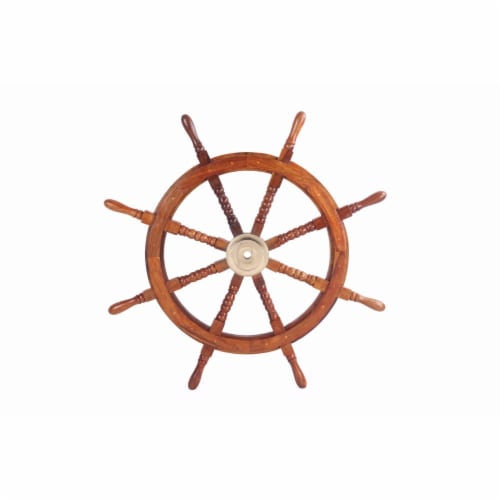 Teak Wood Ship Wheel Decor - Brown and Gold Perspective: front