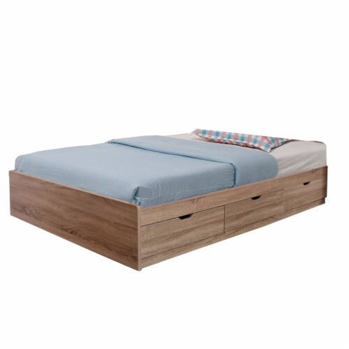 Wooden Full Size Bed Frame with 3 Drawers and Grain Details, Taupe Brown Perspective: front