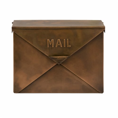Benzara Spacious Envelope Shaped Wall Mount Iron Mail Box - Copper Perspective: front