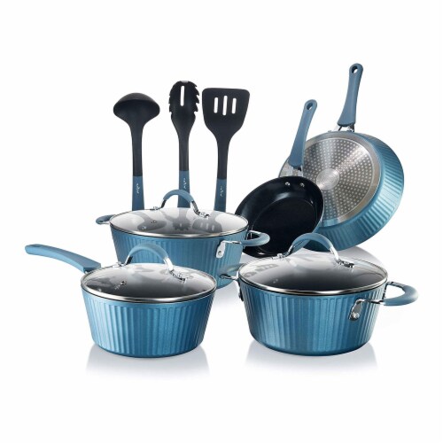 NutriChef 11 Piece Nonstick Stripe Pattern Kitchen Cookware Set, Royal Blue Perspective: front