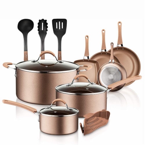 Nutrichef Nonstick Cooking Kitchen Cookware Pots and Pans, 14 Piece Set, Bronze