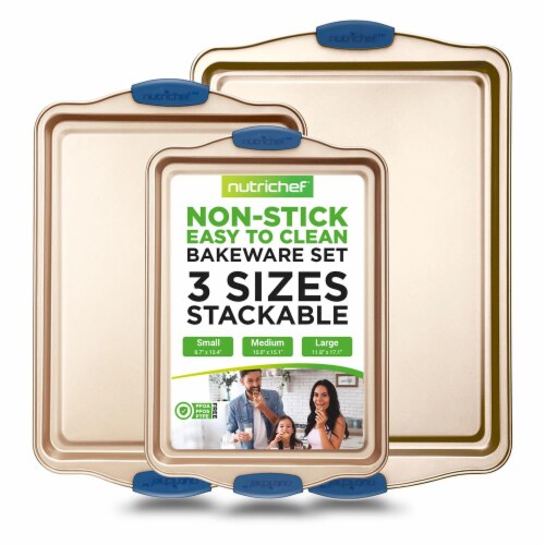 Nutrichef Kitchen Oven Baking Pans 3 Pc - Gold / Blue Perspective: front