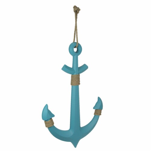 32 Inch Turquoise Blue Wood Anchor Wall Sculpture Nautical Home Decor Beach House Art Perspective: front