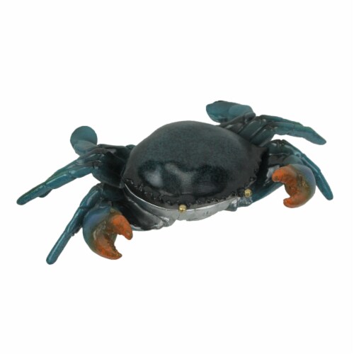 Hand Painted Metal Blue Crab Trinket Box With Hinged Lid 9.5 Inches Long Perspective: front