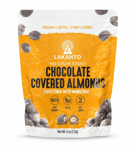 Lakanto Sugar Free Chocolate Covered Almonds Sweetened with Monkfruit Sweetener Perspective: front