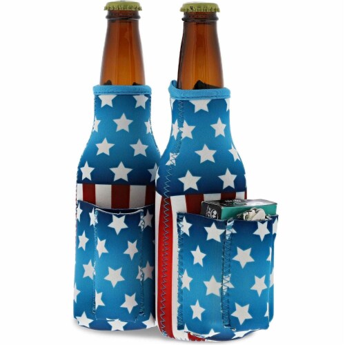 2x US American Flag Beer Bottle Cooler Sleeves with Cigarette+Lighter Holder Perspective: front