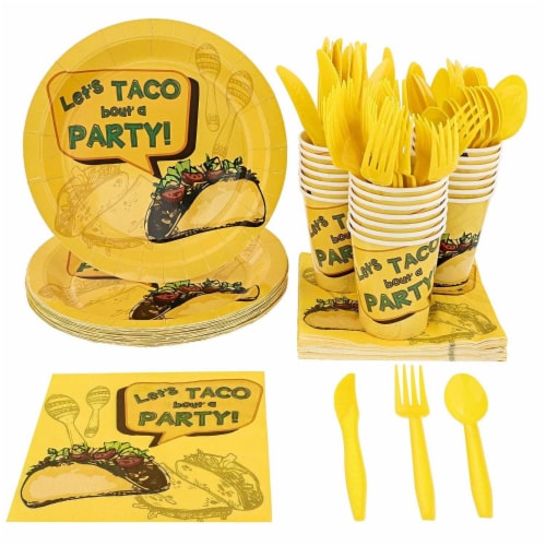 Taco Party Bundle, Includes Plates, Napkins, Cups, and Cutlery (24 Guests,144 Pieces) Perspective: front