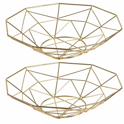 2 Pcs Wire Fruit Basket, Modern Metallic Gold Fruit Bowl with Geometric Design Perspective: front