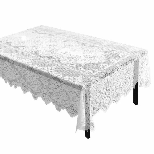 White Lace Rectangular Tablecloth with Floral Patterns for Dining Tables, 60 x 97 Inches Perspective: front